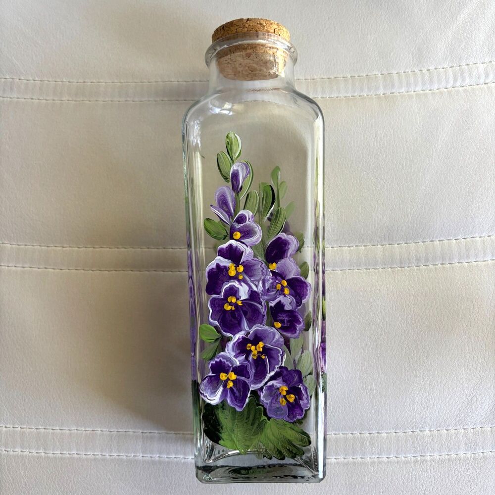 Signed Hand Painted Purple Pansy Glass Bottle Vase Cork Stopper 10" Floral